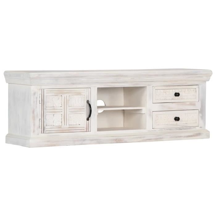 ETO Meuble TV Blanc 120 x 30 x 40 cm Bois massif de manguier Avec 2 tiroirs et 2 compartiments