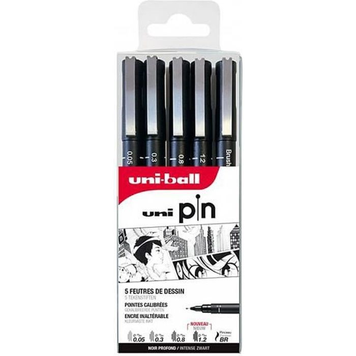 Etui de 5 Feutres de dessin uni pin - Noir - Manga - Uni-ball