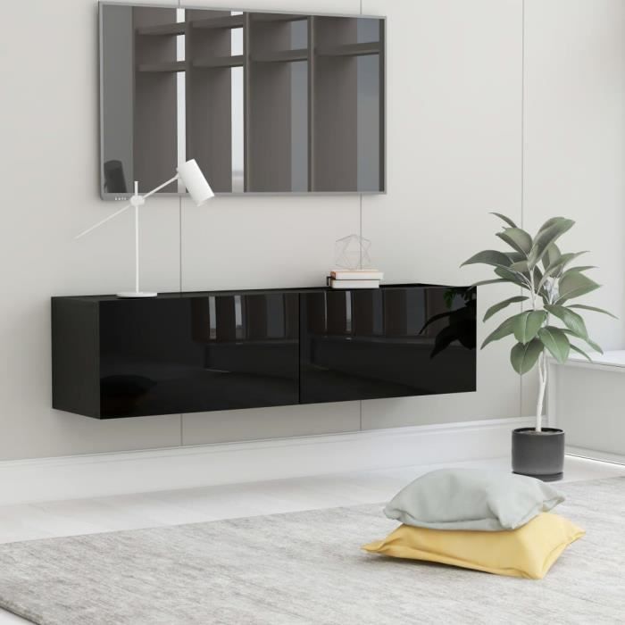 Meuble TV Mural Design Tendance Contemporain - Avec 2 Portes Abattantes - Noir brillant Aggloméré - 120x30x30 cm