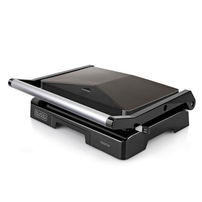 Appareil à sandwich BLACK+DECKER BXGR1000E de 1000W, plaques de 23x14,5cm, poignée toucher froid, plaque supérieur auto ajustable