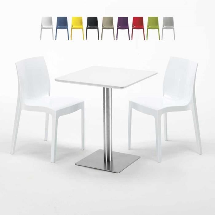 Table carrée 60x60 plateau blanc avec 2 chaises colorées ICE HAZELNUT - couleur:Blanc