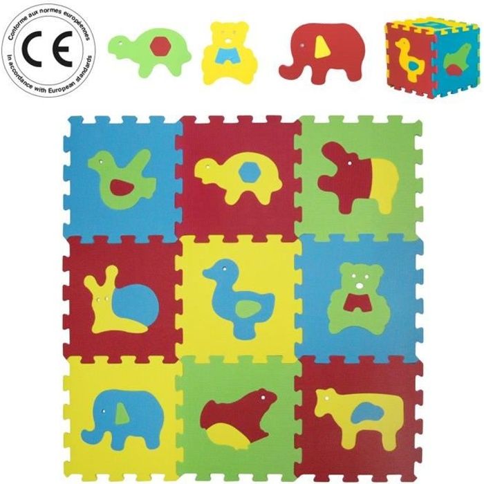 LUDI – Tapis de sol épais - Puzzle géant aux motifs Animaux – lot de 9 dalles en mousse multicolores - Dès 10 mois