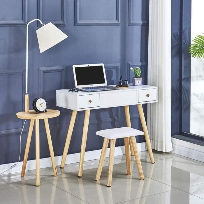 Coiffeuse - Table de Maquillage - Scandinave, Bois, Miroir Rabattable, Tabouret, 2 Tiroir - Blanc, 90 x 40x 114cm - Mondeer