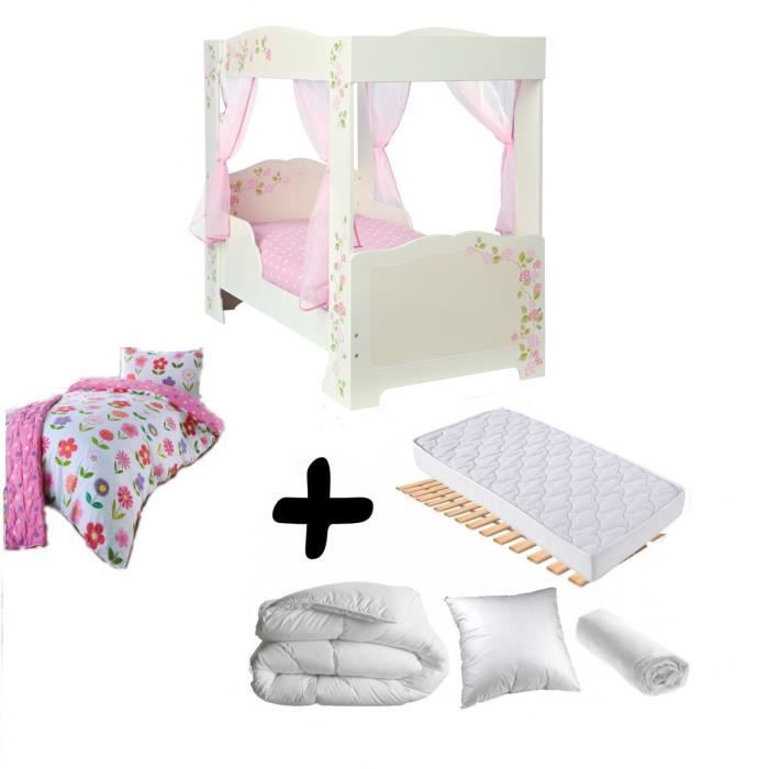 Pack complet Premium Lit fille Princesse à baldaquin = Lit+Matelas & Parure+Couette+Oreiller
