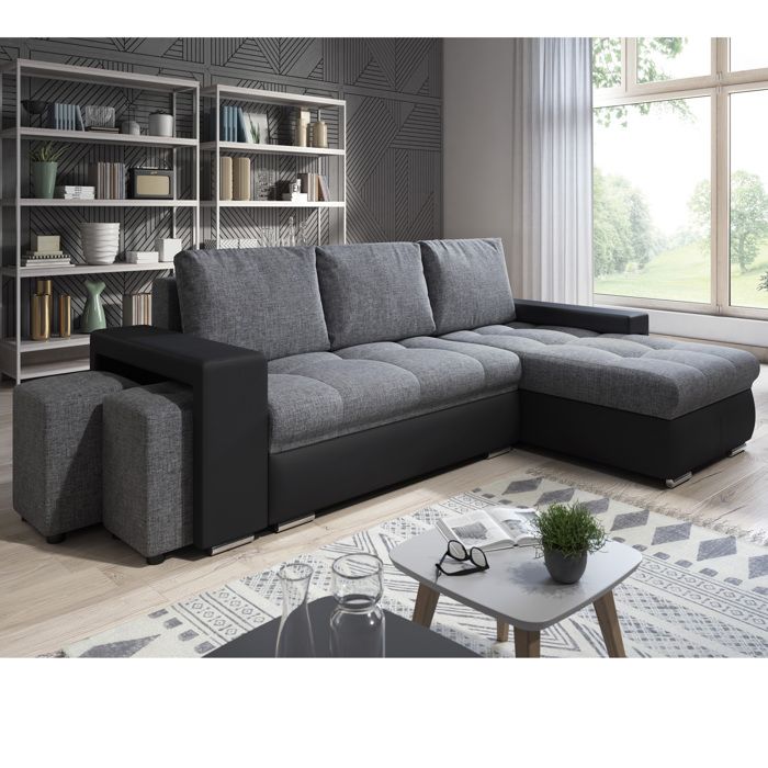 Canapé Angle Convertible Simon Noir / Gris + 2 Poufs Canapé Angle Convertible Simon Noir / Gris + 2 Poufs