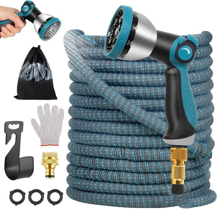 Tuyau D'Arrosage Extensible 15m/50FT + Pistolet 10 Modes – Latex 4 Couches, Laiton, Ultra Résistant