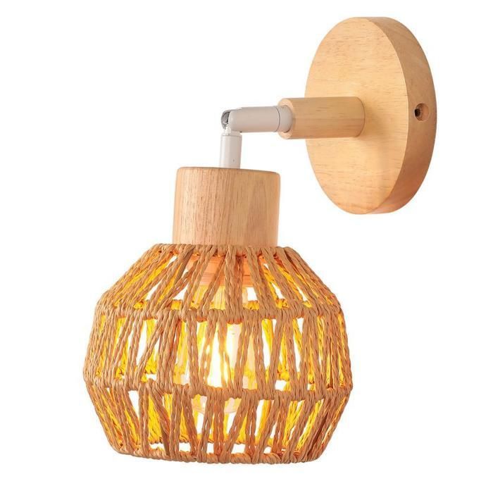 IDEGU Rétro Applique Murale Industriel E27 Lampe Murale en Bois et Corde de Chanvre Réglable Vintage Plafonnier pour Chambre Salon
