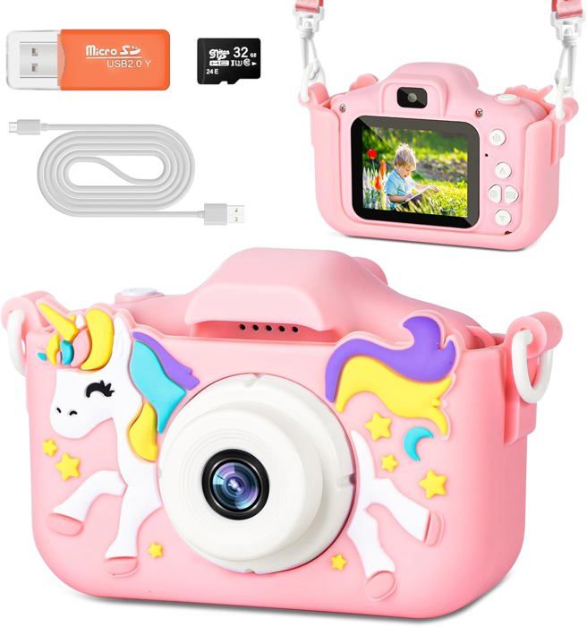 BNEHHOV – Appareil Photo Enfant 2.0″ 1080p – 32 Go SD – 20MP – Zoom 8x – Jeux Intégrés – Coque Silicone – Cadeau Licorne – 3-12 Ans