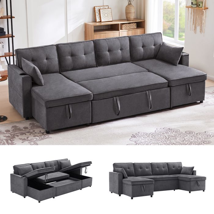 Canapé En U Moderne Avec Ports USB - 4 Places + 2 Poufs Rangement - Velours Côtelé Gris - 315 Cm De Large - Charge Max 150 Kg