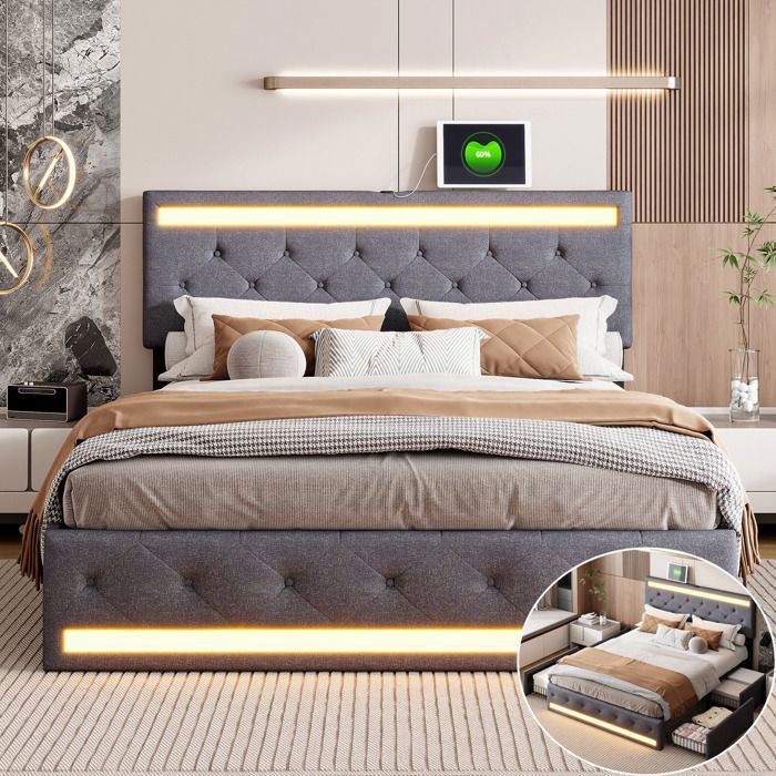 Lit Coffre 140x190 Cm Avec Tiroirs Et LED – Velours Blanc, Ports USB, Sommier à Lattes Inclus