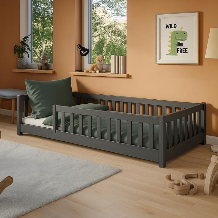 Lit au sol enfant 80x180 cm - Matelas INCLUS - Avec sommier + barrière de lit - Lit Montessori enfant - Pin massif - Gris foncé