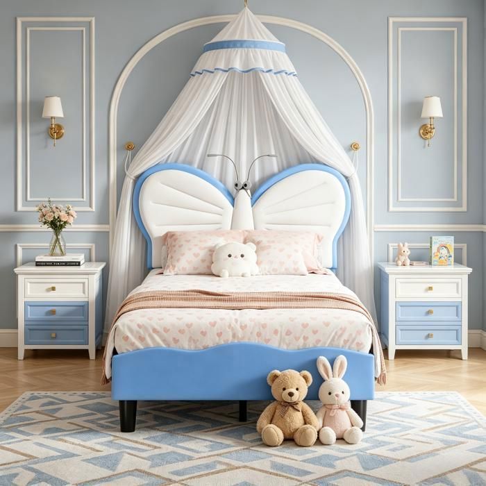 Lit 90x200 cm pour Enfant Lit Fille avec Lampe de Lecture Lit Princesse Lit Rembourré Simple Sommier à Lattes Velours+PU Bleu