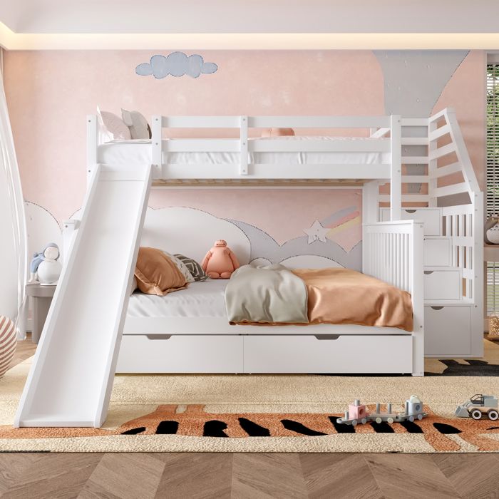 Lit superposé 90/140 x 200 cm avec toboggan lit enfant en bois et mère avec 2 tiroirs pour enfants et adolescents - Blanc