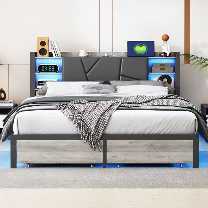 Lit Double 160x200 cm avec éclairage LED et Charge USBLit AdulteCadre de Lit en Métal avec 2 TiroirsTête de lit avec Rangement