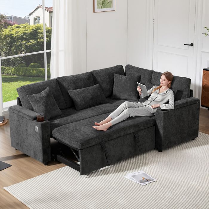 Canapé dangle extensible - Gris foncé - Méridienne fixe - Port USB - Espace de rangement