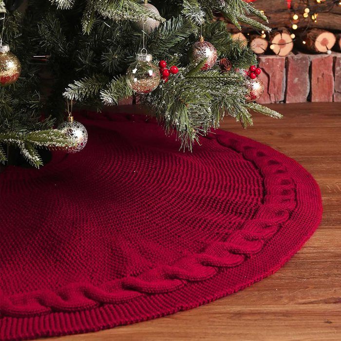 Jupe de Sapin de Noël 122cm Rouge Couvre-Pied de Sapin Jupe Tricotée pour Noël Tapis de larbre de Xmas Cache Pied Sapin de Noel