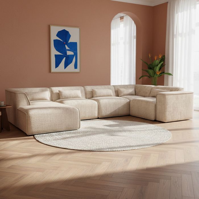 Canapé panoramique fixe NUNA 7 places méridienne gauche tissu taupe