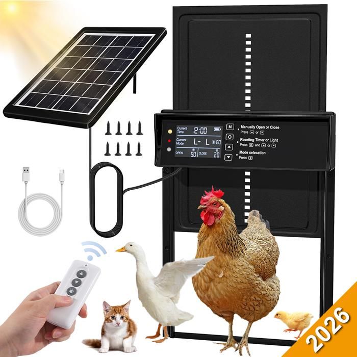 Porte Automatique Poulailler Solaire - Étanche IPX6 - Minuterie douverture - Télécommande Sans Fil (328x244mm)