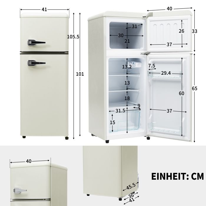 Réfrigérateur congélateur rétro - RNCYN - 1055x41 cm - 92 L - 28 L congélateur - Classe D - 116 kWh/an - LED