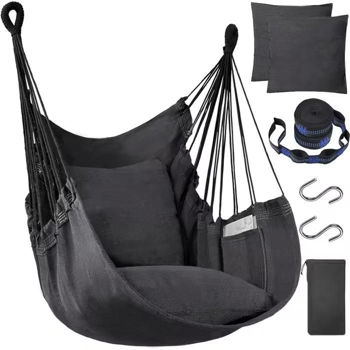 Hamac à suspendre en corde avec 2 coussins inclus robuste et durable en coton doux tissé à la mainpour chambre à coucherNoir
