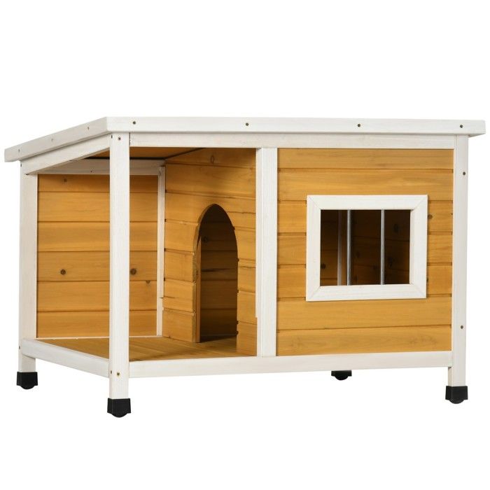 Meilleurs prix pour Niche pour Chien Véranda Toit Ouvrant 85.5x62x60cm-Bois Naturel Blanc Fenêtre Pieds Réglables-Abri Confortable Animal Extérieur