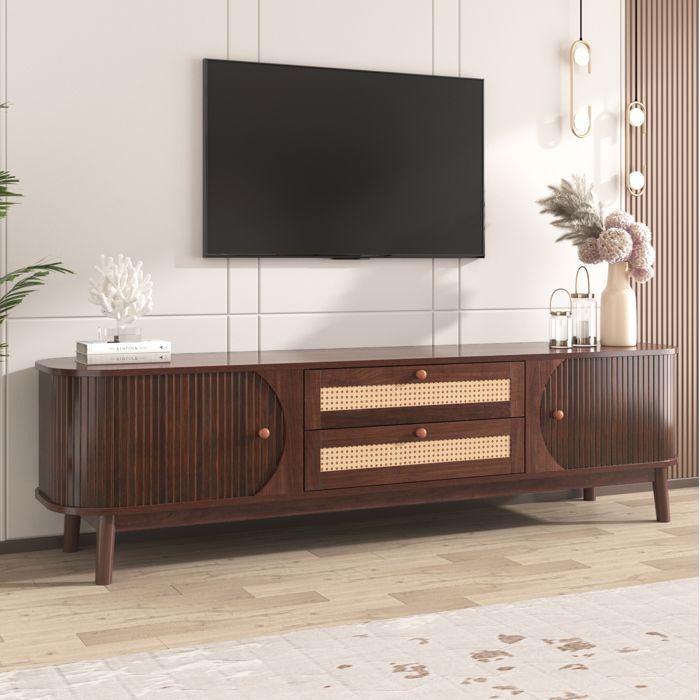 Meuble TV 2 portes 2 tiroirs avec détails en rotin - ELVMI - en MDF et pieds en bois massif naturel 170 × 395 × 46 cm
