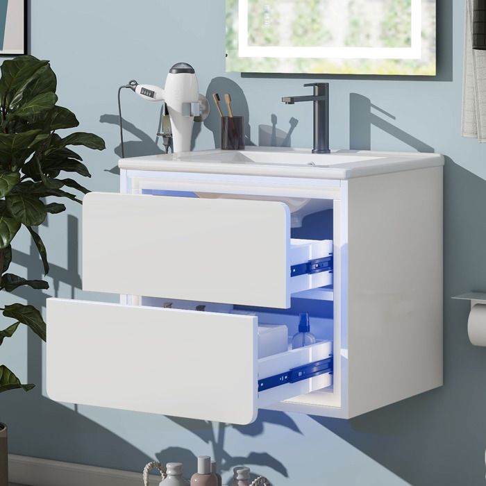 Meuble Vasque Suspendu Salle de Bain Blanc - 60x46x50 cm - avec Éclairage LED 2 Tiroirs et Vasque Céramique