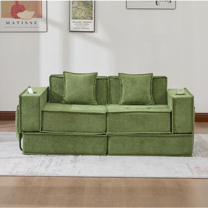 Canapé modulable 2 places vert L 162 x P 78 x H 66 cm chenille rangement latéral montage nécessaire