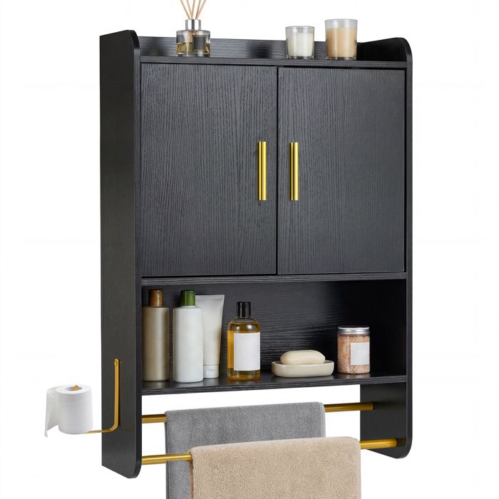COSTWAY Armoire Murale Salle de Bain avec 2 Portes Étagères Réglable et Amovible 2 Porte-Serviettes Crochet 55x20x80 cm Noir
