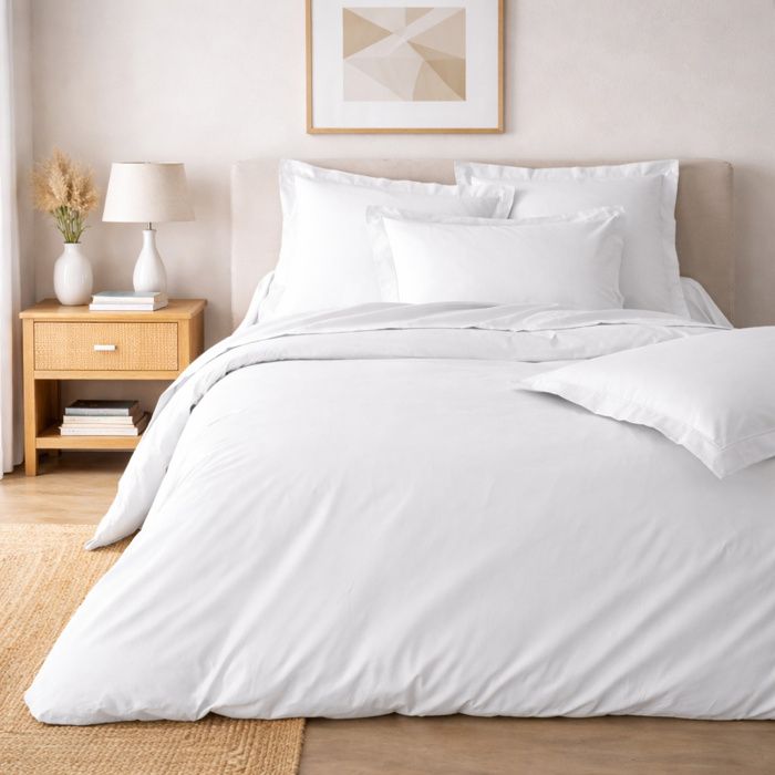 Parure de lit 240 x 220 cm – Percale de coton 78 fils – Blanc – Qualité Hôtel – 2 taies 63x63 cm Parure de lit 240 x 220 cm – Percale de coton 78 fils – Blanc – Qualité Hôtel – 2 taies 63x63 cm