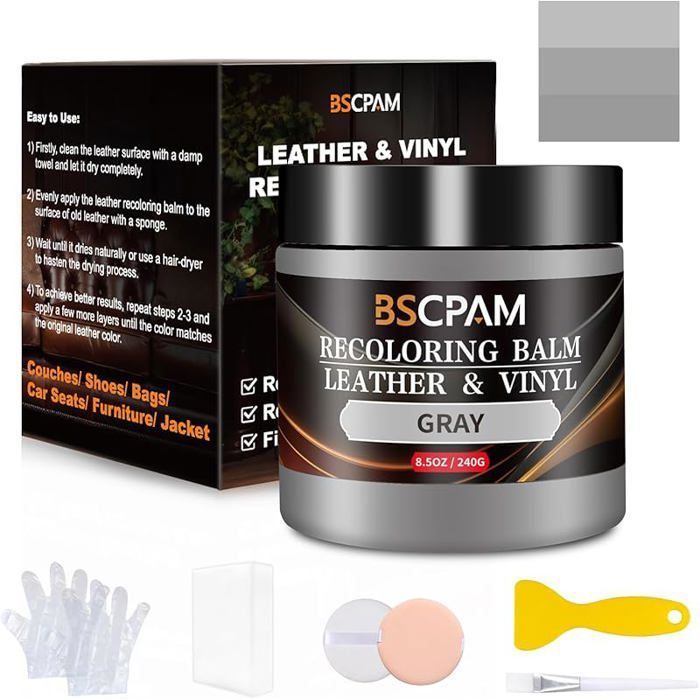 Kit Reparation Cuir Gris Balsam pour Recoloriage Cuir Peinture Cuir Liquide Vinyle Teinture Cuir Réparation PRODUIT ENTRETIEN CUIR