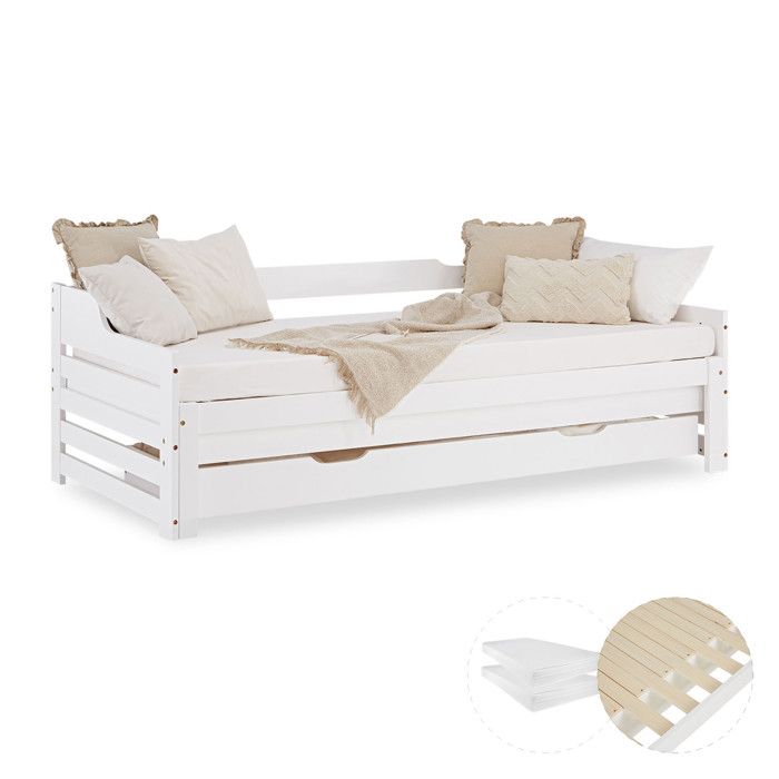 Lit gigogne - HOMESTYLE4U - HomeStyle4U 3077 - 90x200 cm - 2 matelas inclus - Tiroir de rangement Lit gigogne - HOMESTYLE4U - HomeStyle4U 3077 - 90x200 cm - 2 matelas inclus - Tiroir de rangement