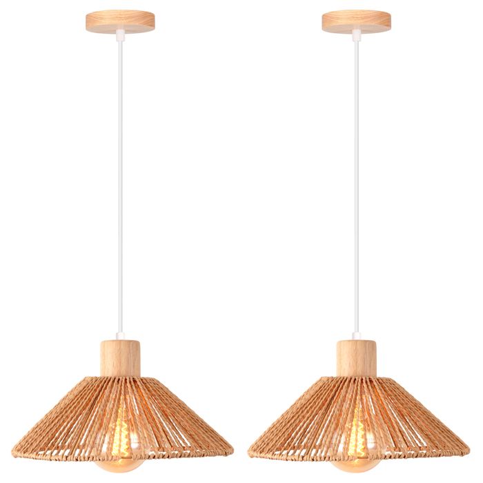 Lot de 2 Suspension Luminaire en Rotin Brun et Bois Vintage Ø26CM Plafonnier Lustre Style Bohème pour Salon Cuisine - SMOTOP