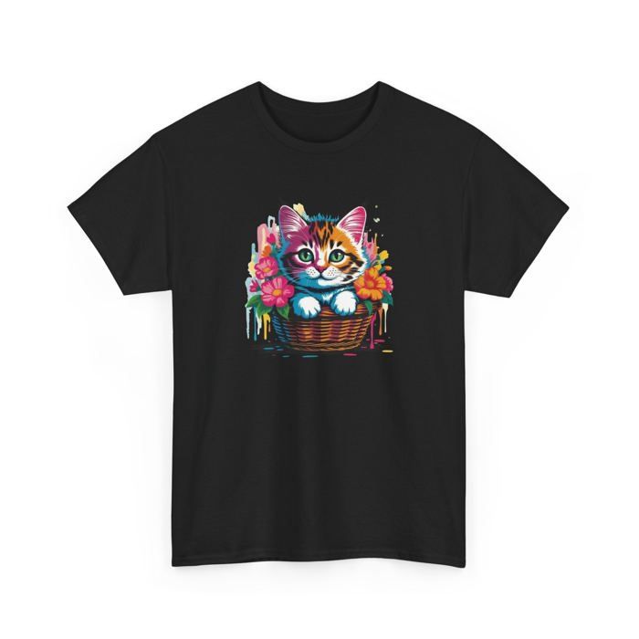 T-Shirt Chaton Mignon Adulte – Chat avec Fleurs Colorées – Tee Shirt Animal Cute Panier Noir Blanc Gris Cadeau: Black / 3XL