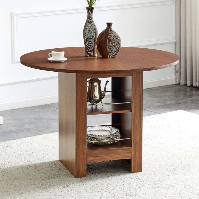 Table à manger ronde 100cm pour 4 à 6 personnes - Table de cuisine peu encombrante avec compartiments de rangement -Aspect noyer