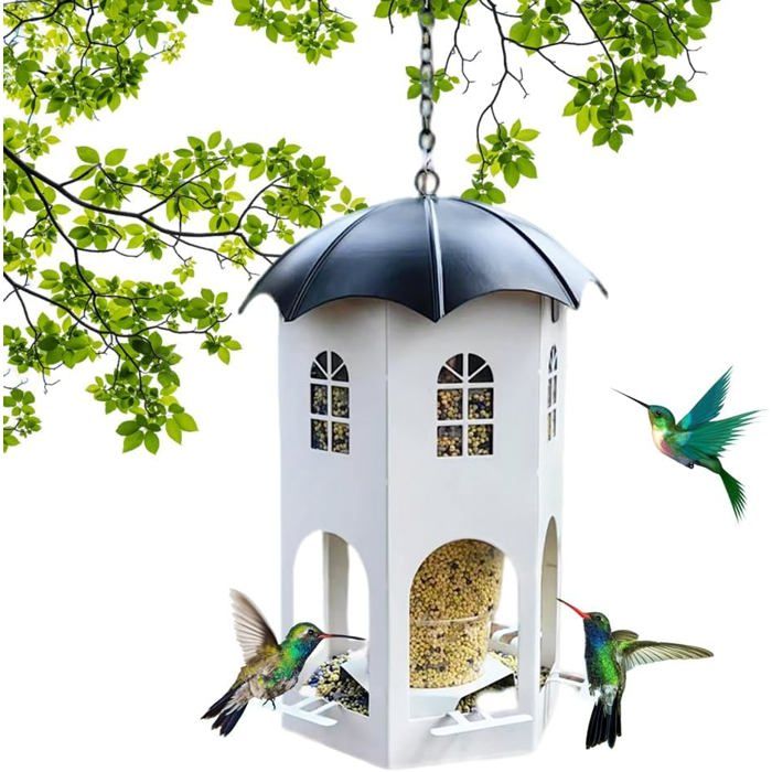 Mangeoire à oiseaux suspendue en métal Mangeoire ronde pour oiseaux sauvages pour pelouses et jardins extérieurs Blanc