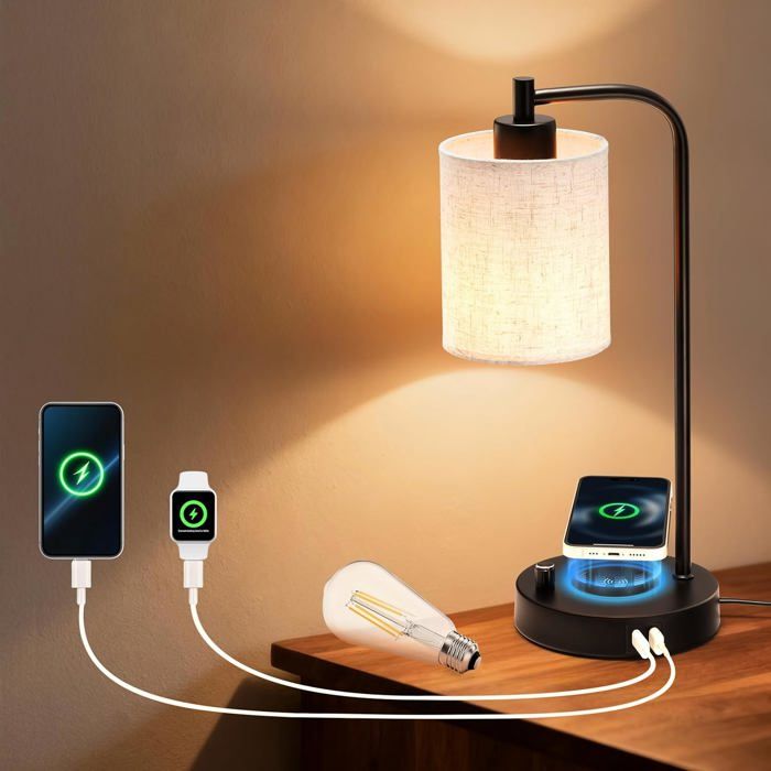 Lampe De Chevet Led Chambre Avec Chargeur Induction Ports De Recharge Usb-C+A Intensité Variable Abat-Jour En Lin Veilleuse Table