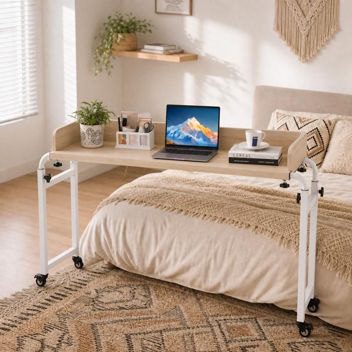 Table de Lit Mobile COSTWAY Réglable Hauteur Longueur Bureau PC Couchage Dessus avec 4 Roues Verrouillables Plateau Large(Naturel)