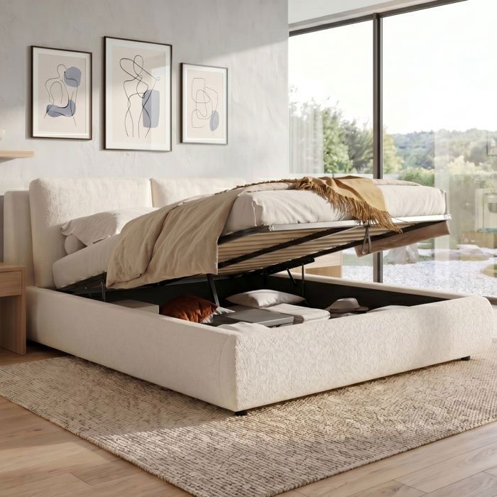 Luscriate - Lit coffre 160x200 cm lit rembourré lit double avec hydraulique bouclé pour adulte - beige