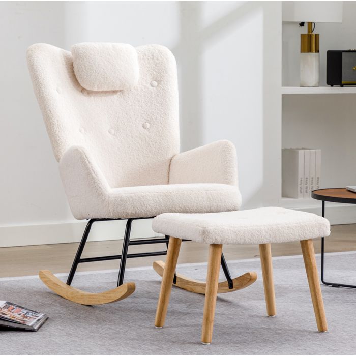 HOMVRA fauteuil à bascule blanc avec repose-pieds peluche Teddy têtière intégrée 65 x 82 x 94 cm