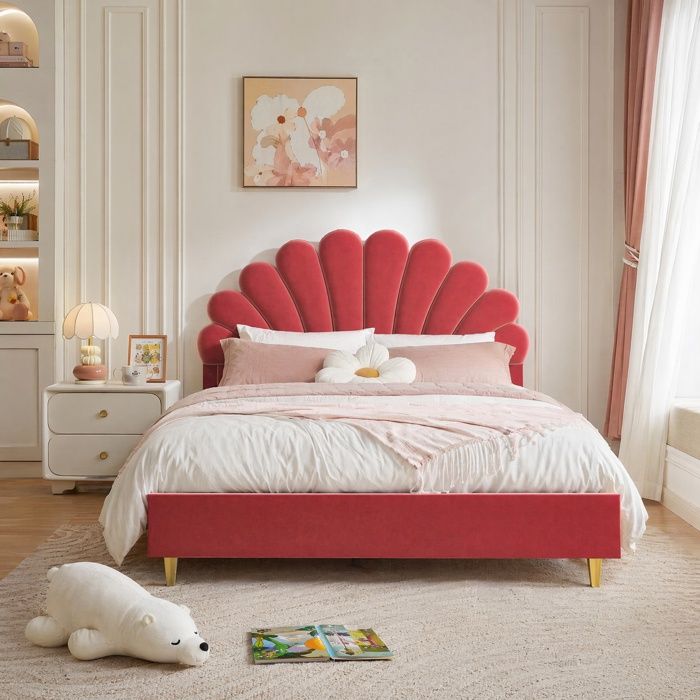 Lit double 140x200 cm avec tête de lit fleur Lit enfant rembourré en velours avec sommier à lattes Cadre de lit 140x200 Bordeaux
