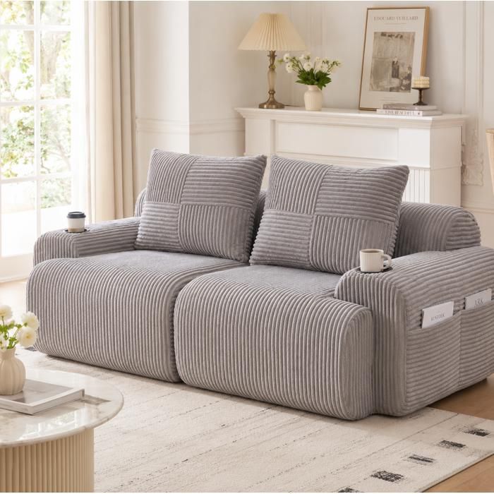 ROVRYN Canapé modulable 2 places 200 x 99 x 80 cm en velours côtelé gris clair avec porte-gobelet et poche