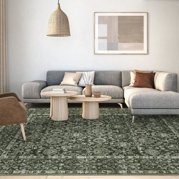 Tapis oriental vintage poils courts lavable antidérapant imitation cachemire salon chambre vert foncé 160×230cm