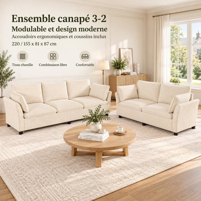 Canapé Modulable - SOGEU - Canapé Composable 3+2 - Tissu chenille beige - Confort moelleux - Déhoussable