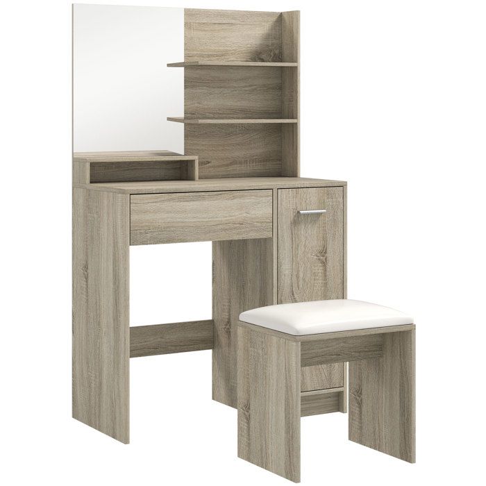 YWJ Coiffeuse Maquillage Tabouret Miroir Étagères Ouvertes Tiroir Anti-Basculement Naturelle/Beige