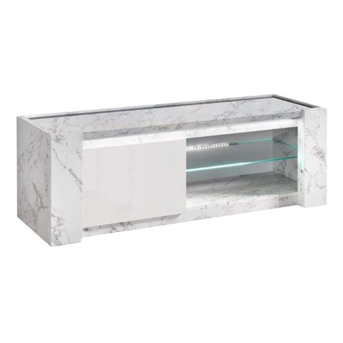 PRAVA - Meuble TV 1 Porte 150cm Laqué Blanc et Effet Marbre avec Leds PRAVA - Meuble TV 1 Porte 150cm Laqué Blanc et Effet Marbre avec Leds