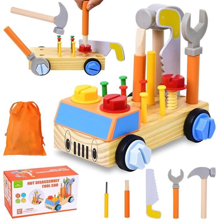 JOEJONI Boîte à Outils Enfant 30 Pièces - Jouet Montessori Bois Pour Enfants Dès 3 Ans, Voiture Outil Garçon Fille