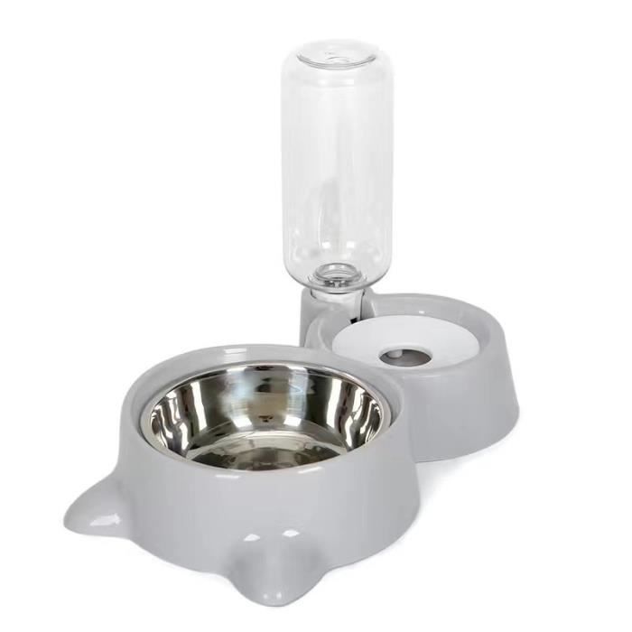 Gamelle pour Chat 2-En-1, Distributeur d’Eau Automatique de 500ml, Bol à Nourritures + Bouteilles pour Chat Chien Animaux - Gris