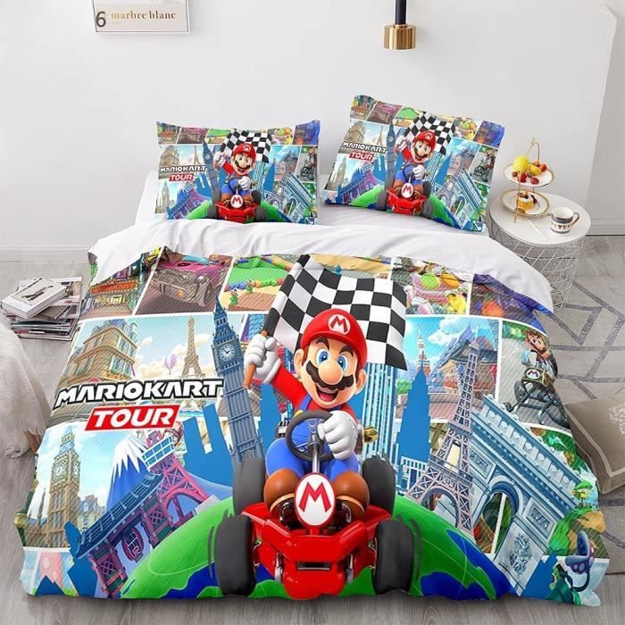 Parure De Lit Super Mario Enfant – 135x200 Cm + 80x80 Cm – Microfibre Douce Avec Mario, Luigi, Peach Et Yoshi