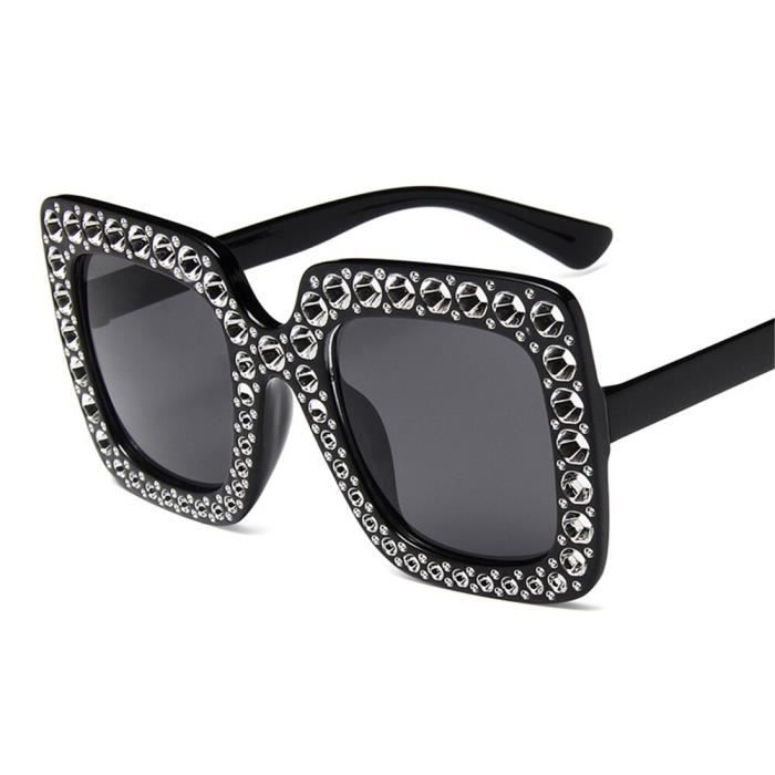 Noir Lunettes de soleil surdimensionn es avec strass cristal grande monture carr e V400 pour femmes mode